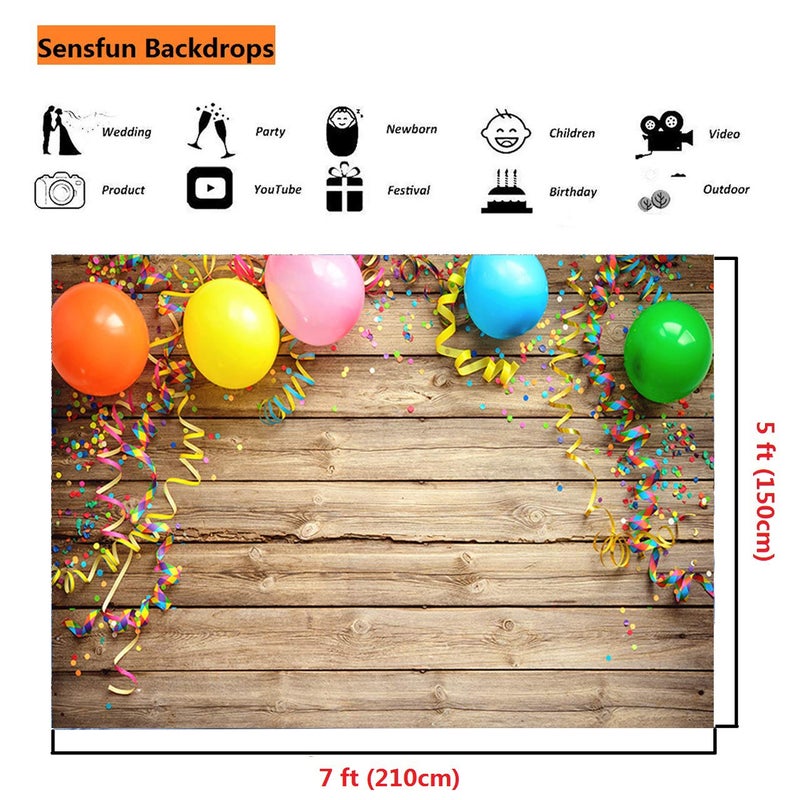 Sensfun 7x5ft Wood Photography Backdrop Colorful Carnival Balloons Streamers on Rustic Wooden Board Photo Background for Happy Birthday Party Cake Table Photobooth Banner Photo Studio Props(WP045) - Image 3